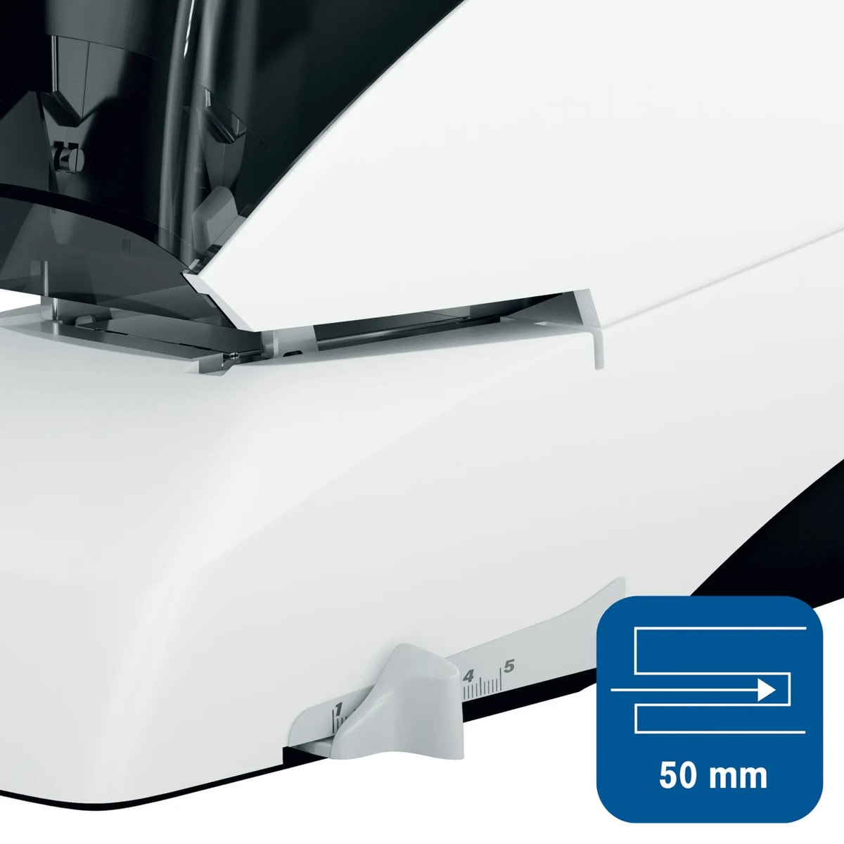 Levier de réglage de la profondeur d'agrafage de l'agrafeuse électrique RAPID Supreme 5050E, coloris blanc et bleu.