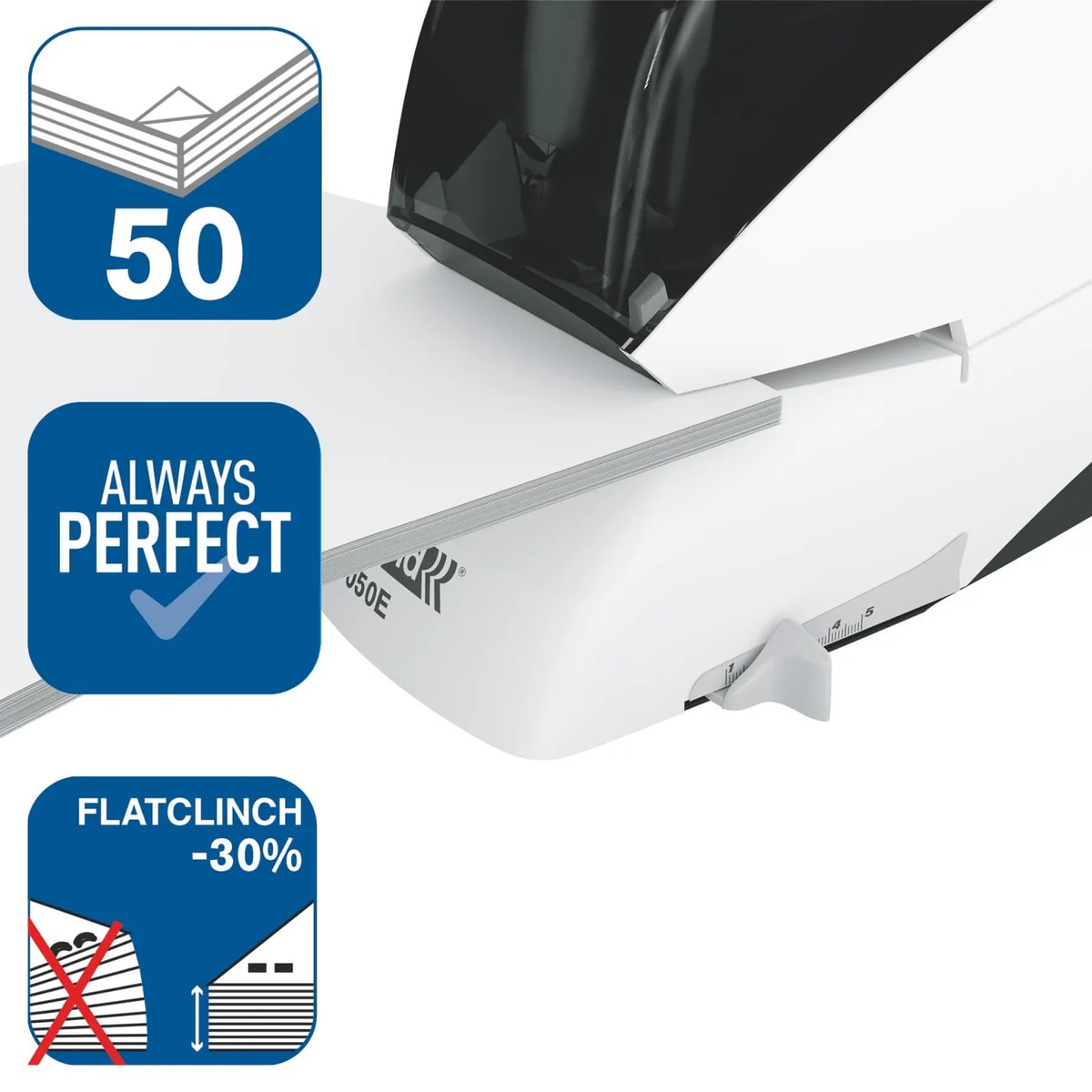 Liasse agrafée à plat par l'agrafeuse électrique RAPID Supreme 5050E, coloris blanc et bleu.