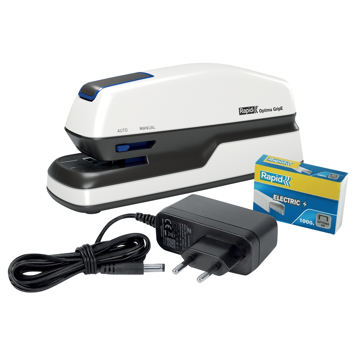 Agrafeuse électrique RAPID Optima GripE avec son adaptateur secteur et sa boîte d'agrafes.