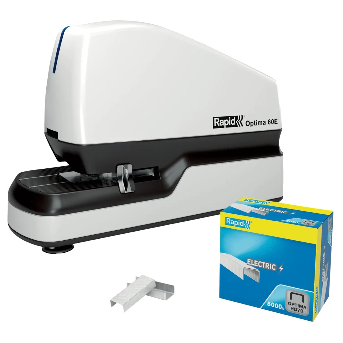 Agrafeuse électrique RAPID Optima 60E avec sa boîte de 5 000 agrafes Optima HD70.